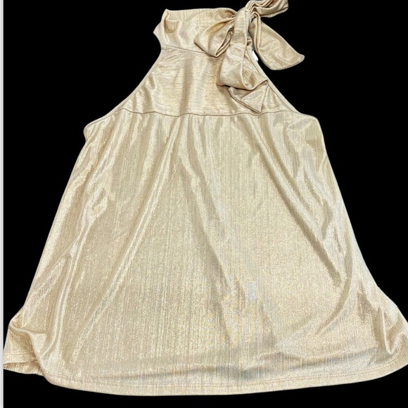 D*N*T Mock turtle neck with tie halter A-Line dressy ribbed gold top/tunic - Picture 2 of 10